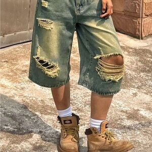 Distressed Light Stonewash with Green Undertone Denim Jorts